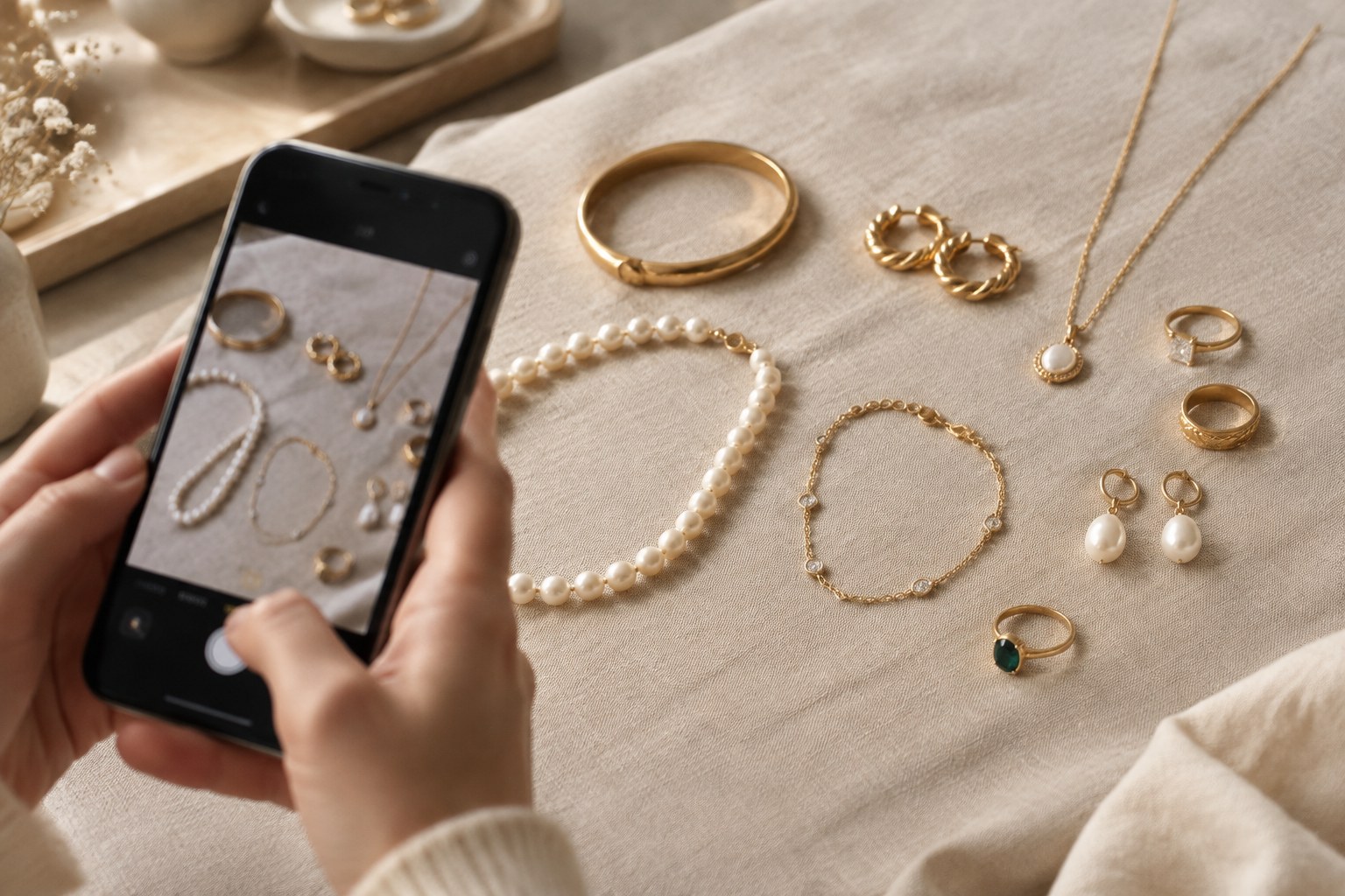Illustration: photographing a jewellery collection on linen for insurance records