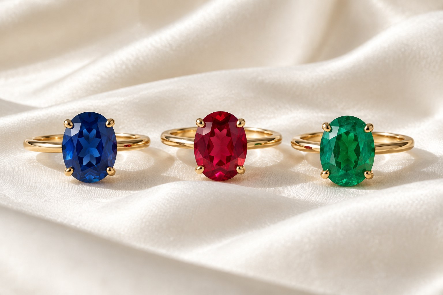 AI illustration of sapphire, ruby and emerald rings in a row on ivory silk.
