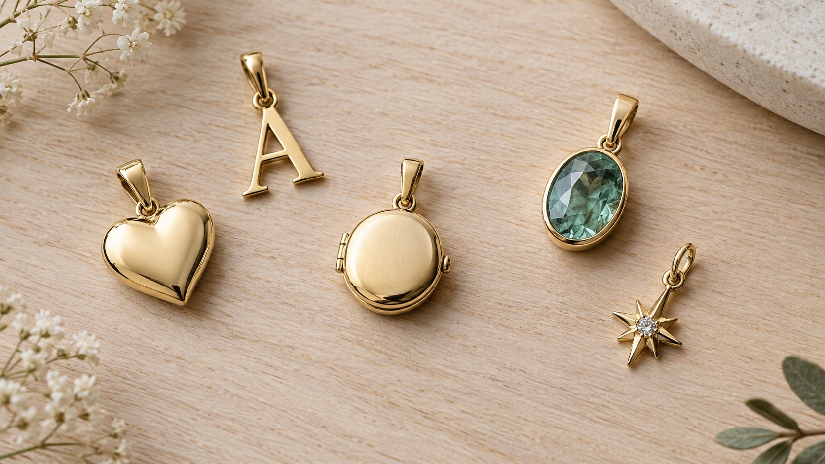 Heart, initial, locket, stone and charm pendants laid out together
