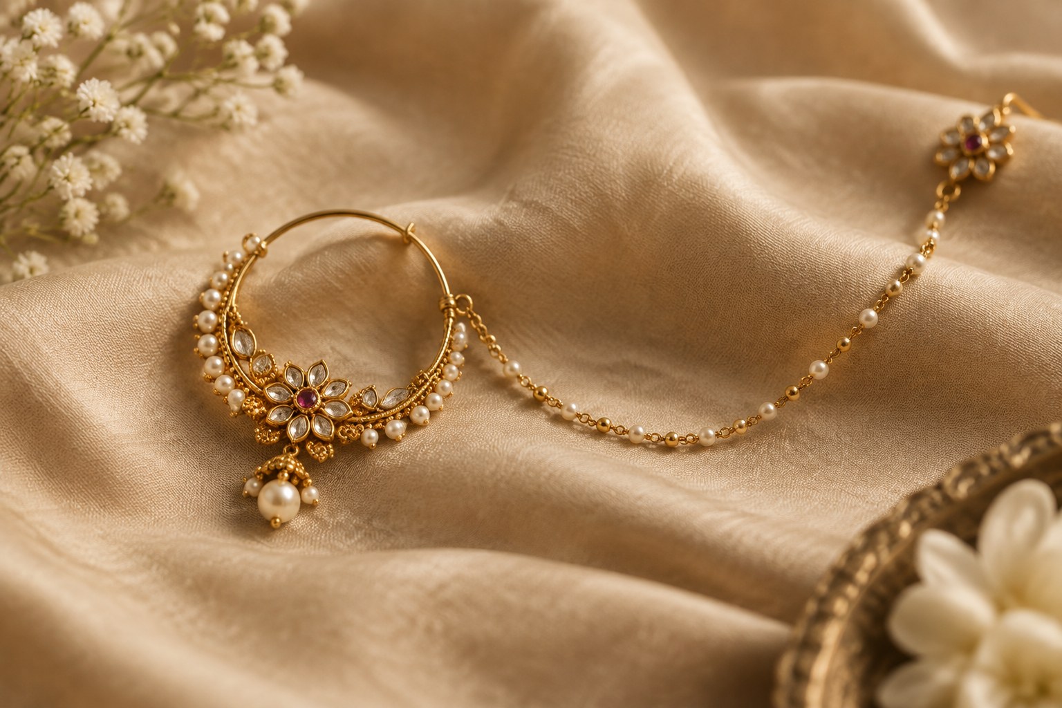 Illustration: a traditional Indian gold nath with fine chain on beige silk