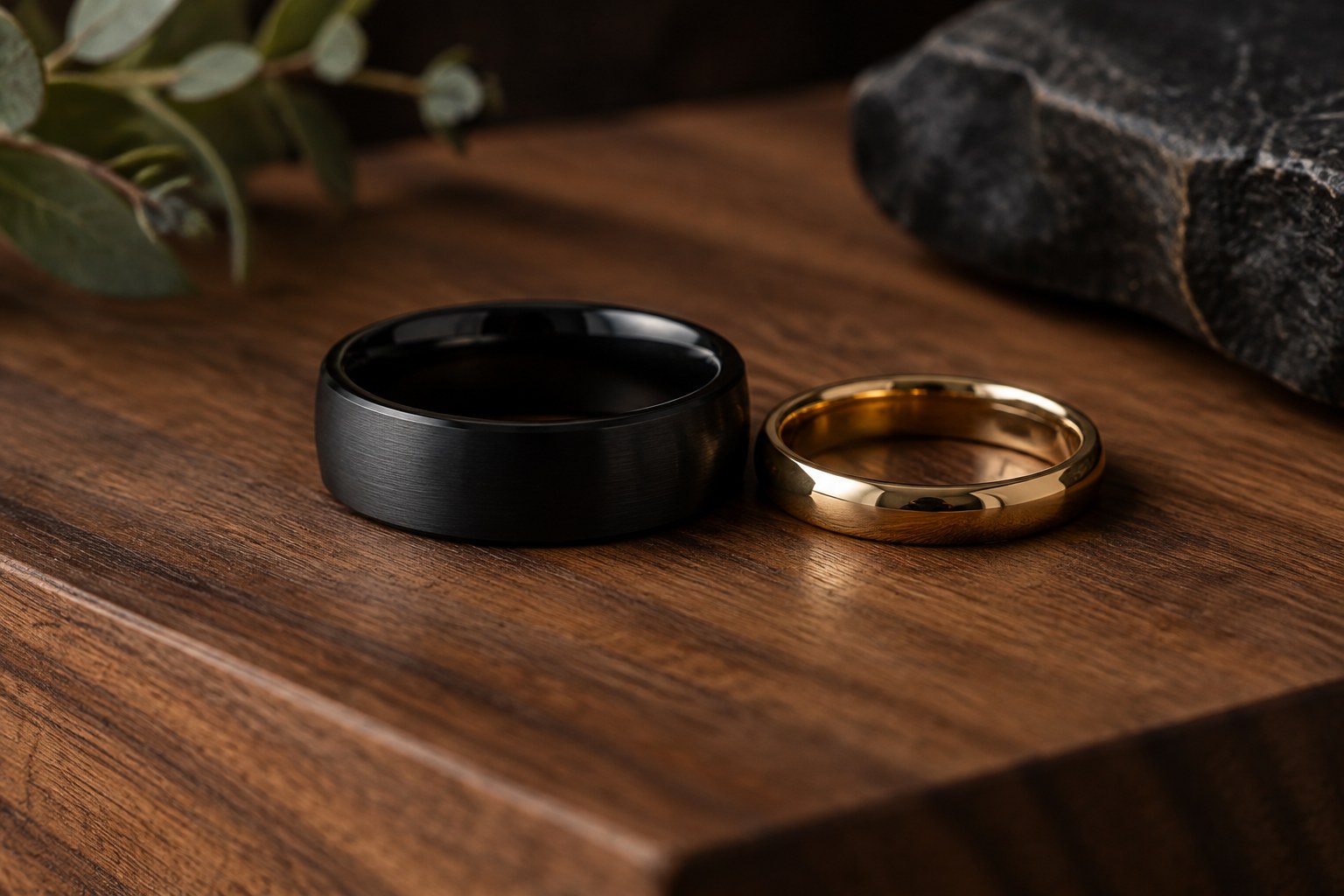 AI illustration of a matte black mens wedding band beside a gold band on walnut wood.