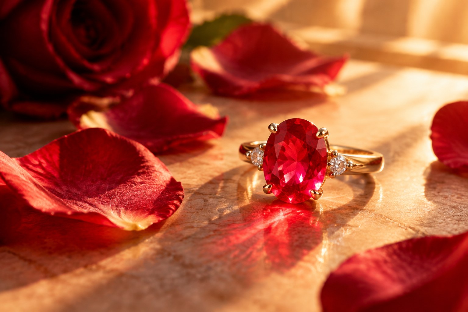 Illustration of a ruby ring in warm sunlight (AI illustration, not a Shewah product)