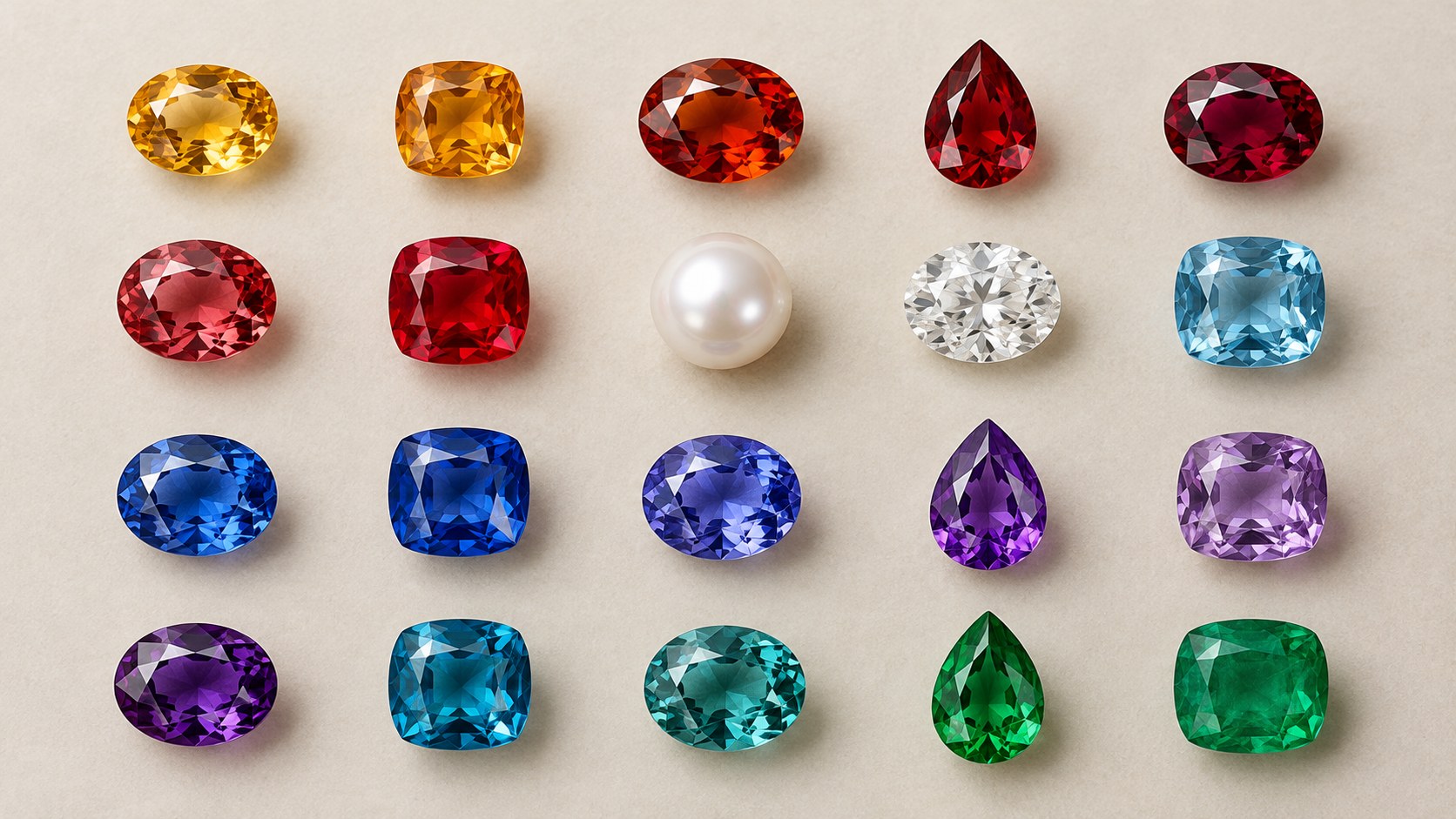 Twenty gemstones arranged as a colour-graduated anniversary timeline