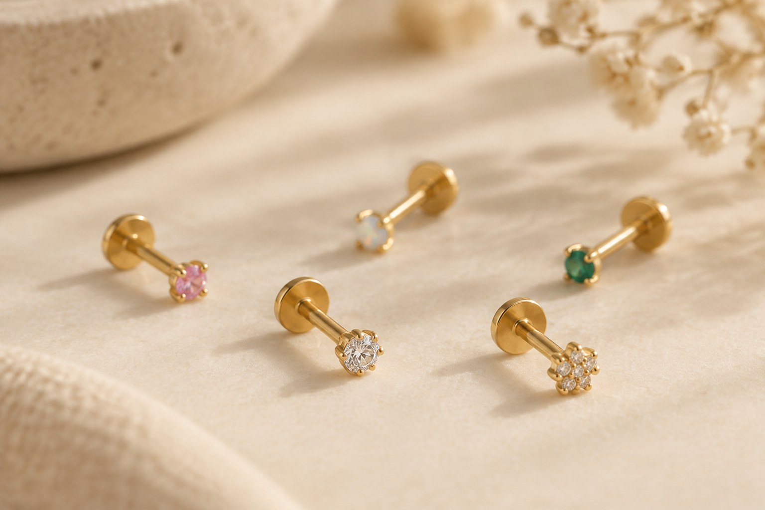 Illustration: gold flat-back labret studs with tiny gemstones