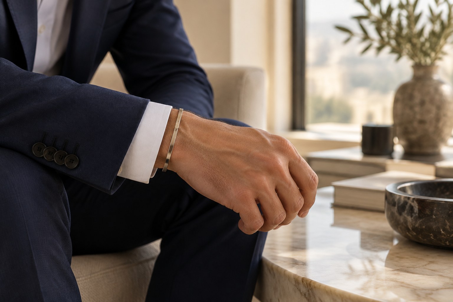 A slim metal bracelet visible at the cuff of a navy suit