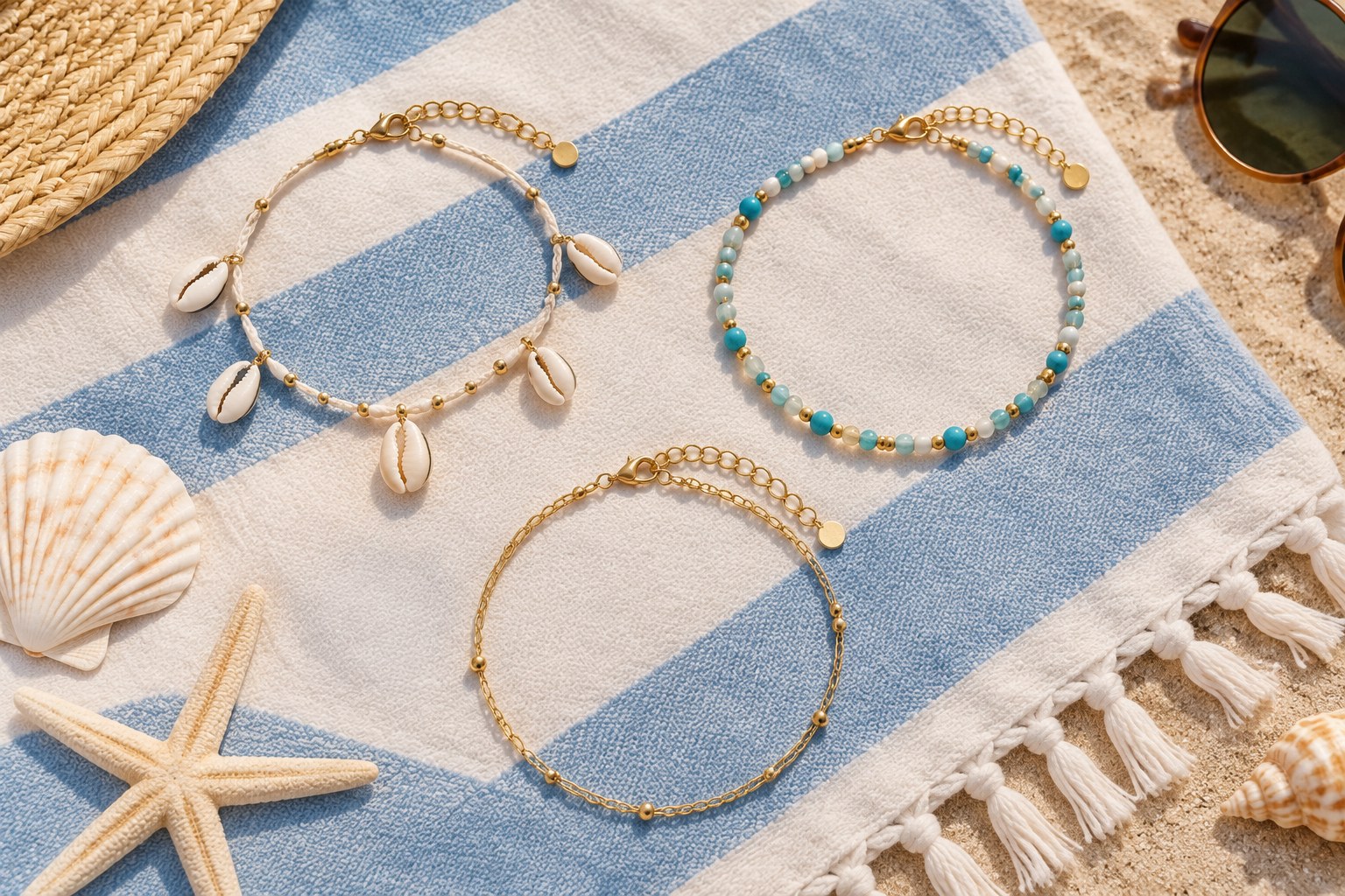 Illustration of shell, beaded and chain anklets on a towel (AI illustration, not a Shewah product)
