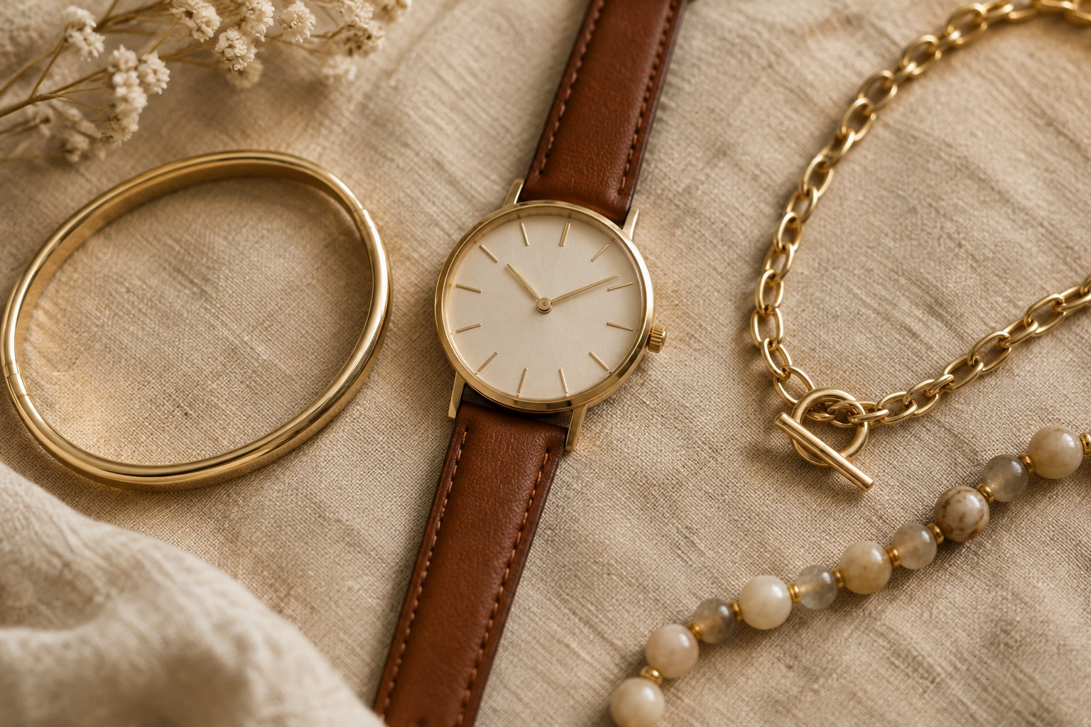 Illustration: flat lay of a classic watch with a bangle, chain and beads on linen