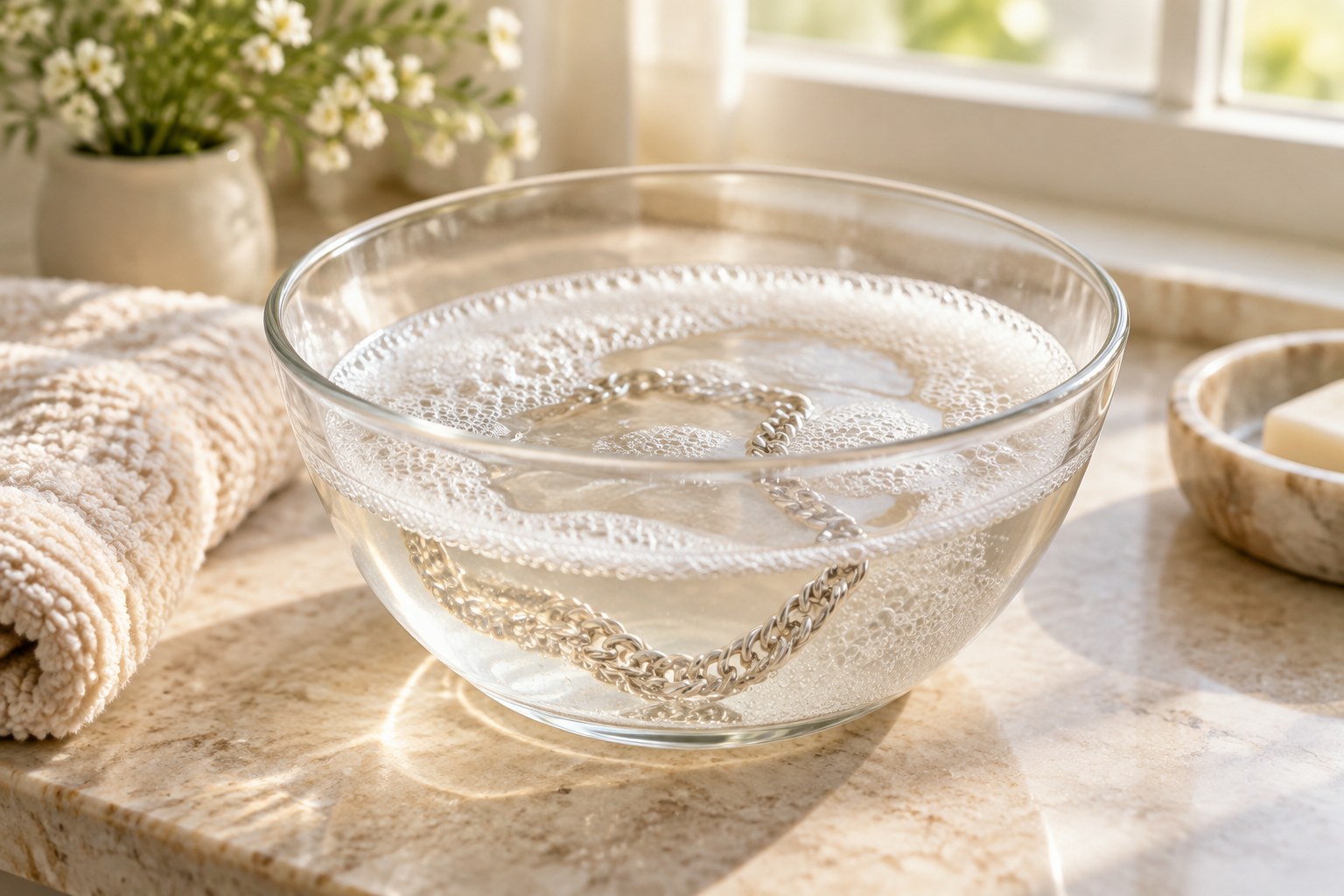 A silver chain soaking in a bowl of warm soapy water