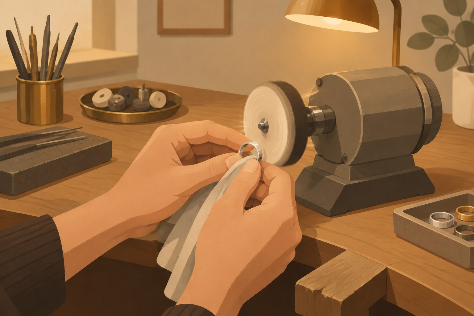 Illustration: a jeweller polishing a silvery ring at a workbench