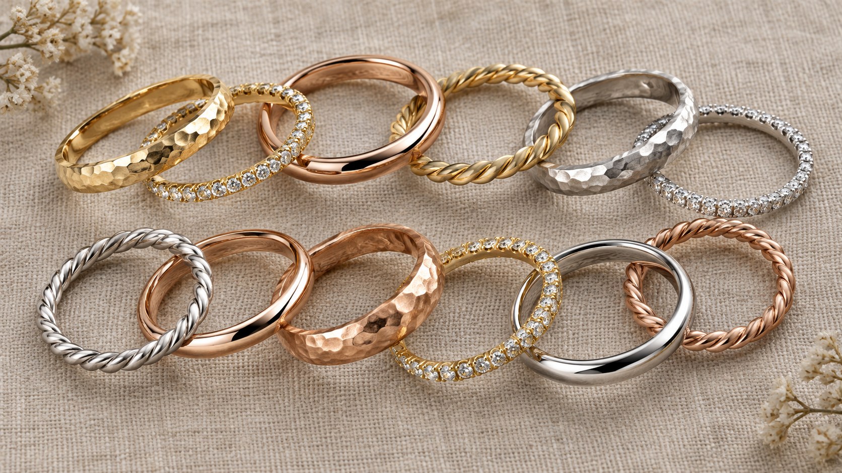 Flat lay of textured and pave ring bands in mixed gold colours