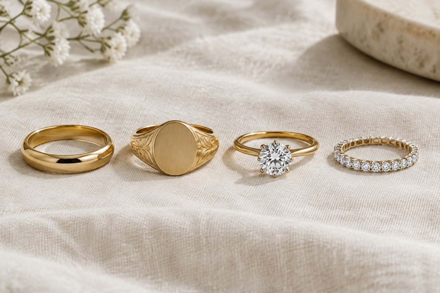 AI illustration of four ring styles in a row: plain band, signet, solitaire and eternity ring.
