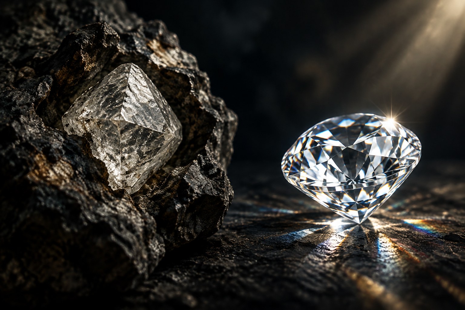 Illustration of rough and polished diamond side by side (AI illustration, not a Shewah product)