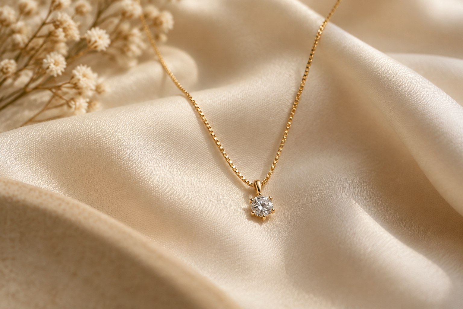 Illustration: a fine gold box chain with a small diamond pendant on cream silk