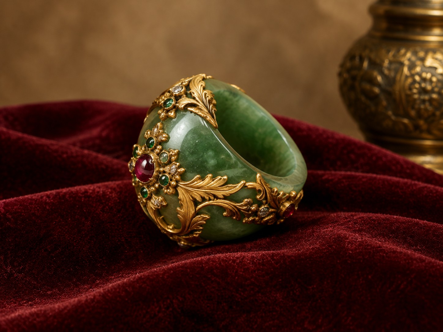 AI illustration of an ornate Ottoman-style jade thumb ring on burgundy velvet.