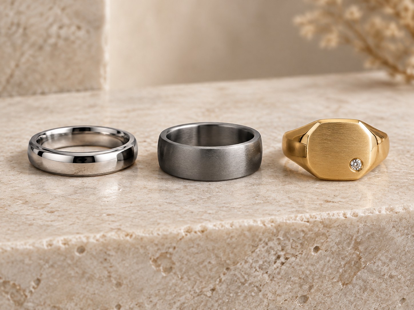 AI illustration comparing three men's ring styles: plain platinum, matte grey metal and gold signet.