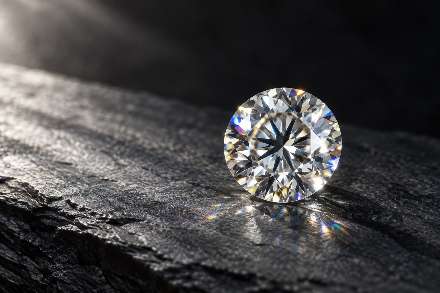 AI illustration of a loose round brilliant diamond with rainbow sparkle on grey slate.