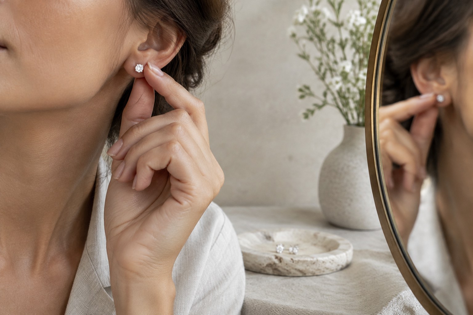 Illustration: trying on small diamond studs at a mirror