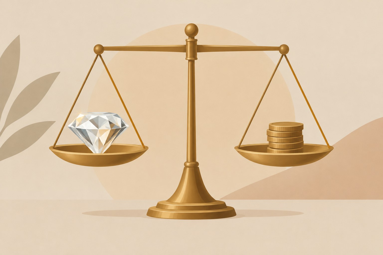 Illustration: a balance scale weighing a diamond against coins