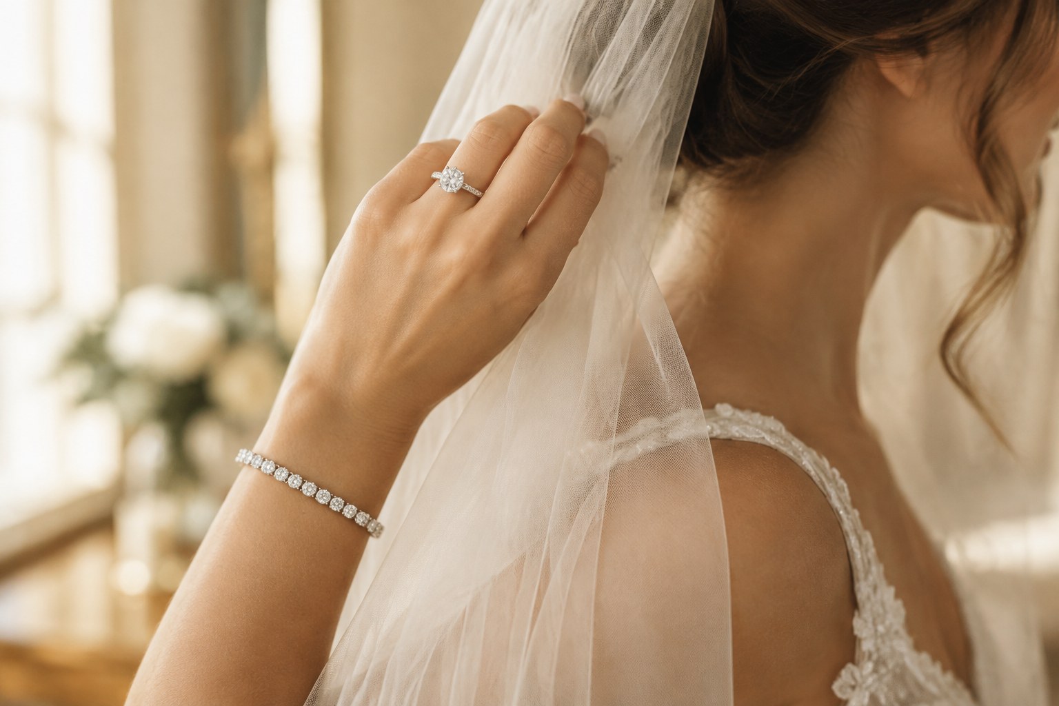 Illustration: a bride's hand with engagement ring and tennis bracelet adjusting a veil