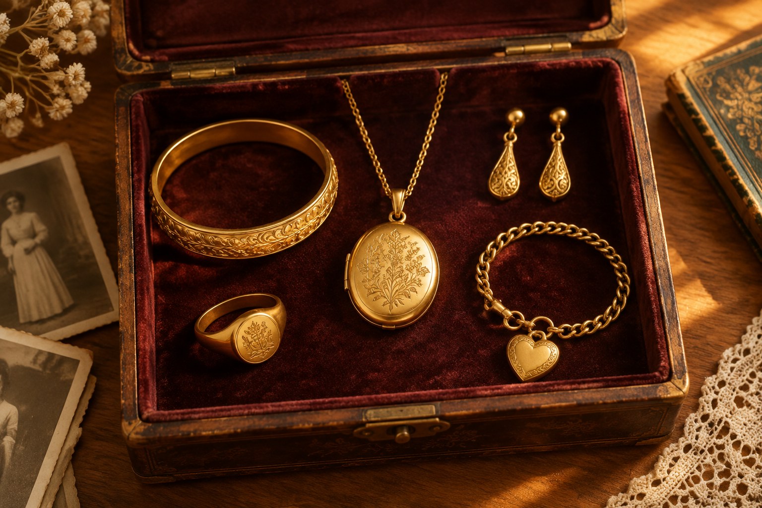 Illustration of solid gold heirloom pieces in a keepsake box (AI illustration, not a Shewah product)
