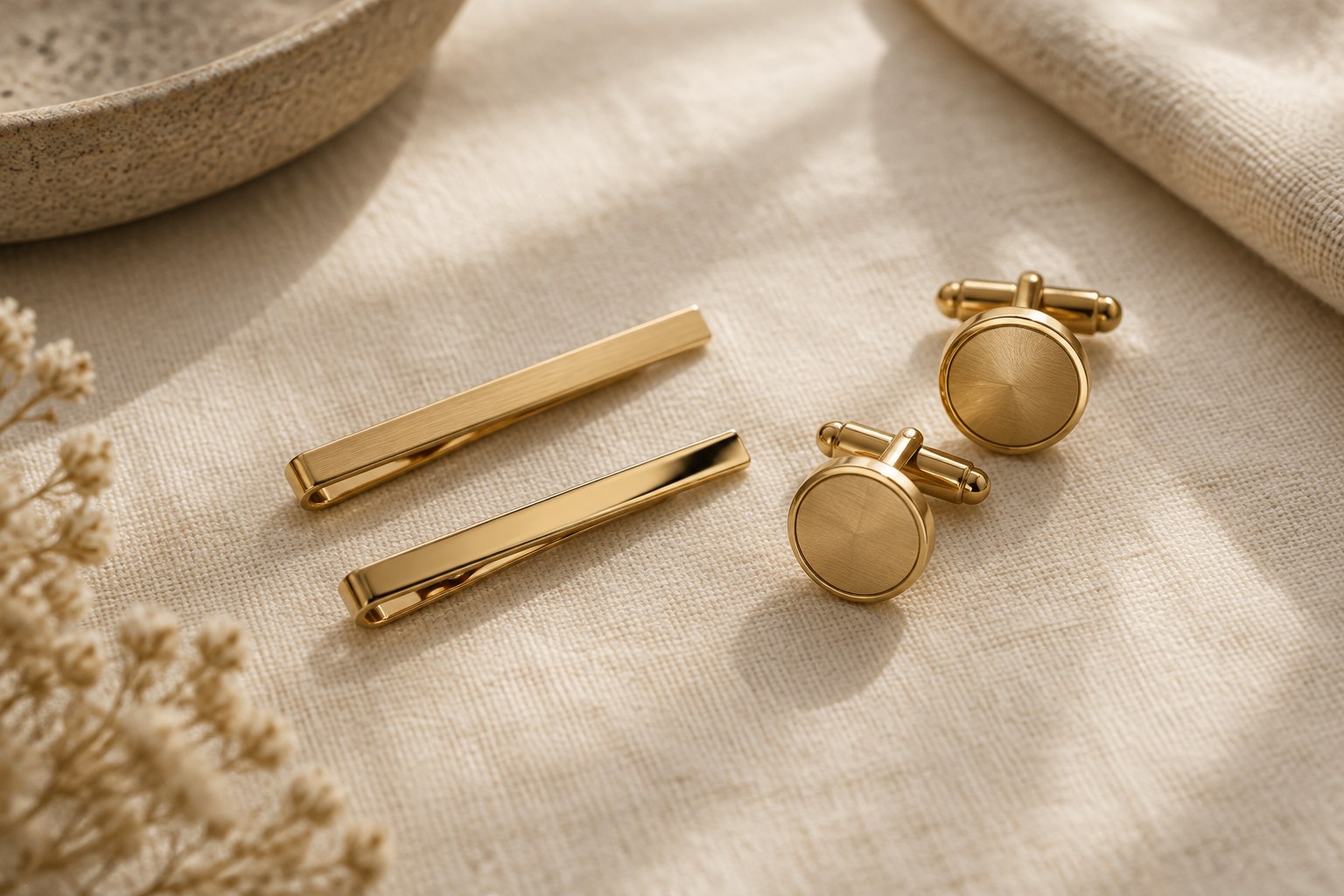 AI illustration of gold tie bars beside gold cufflinks