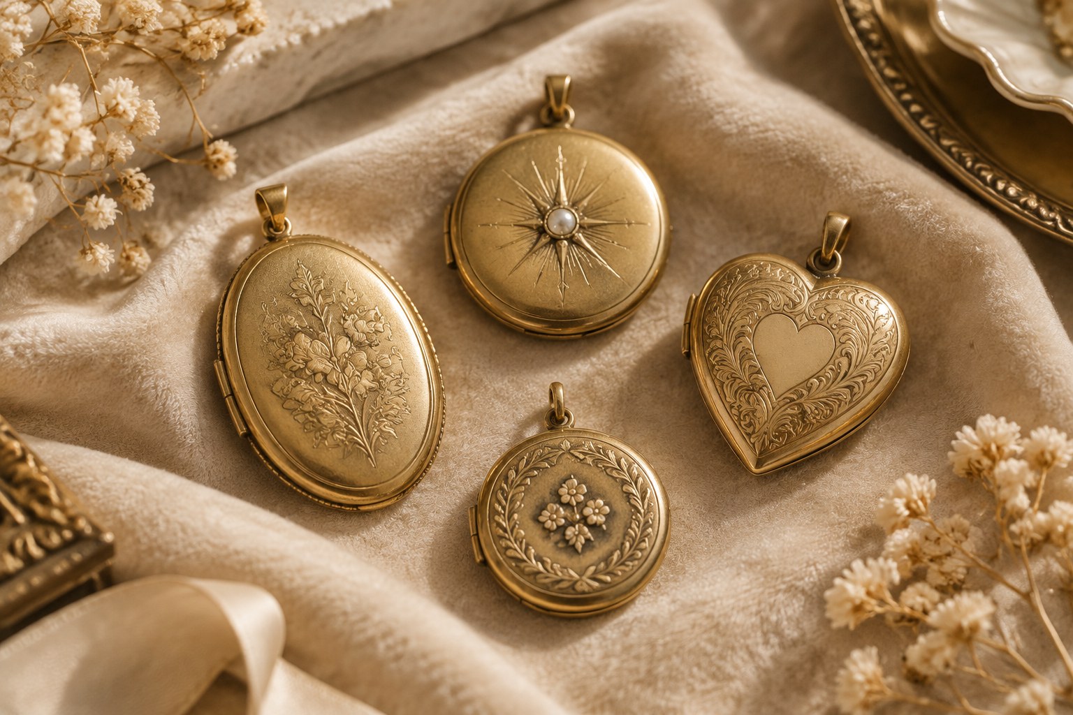 Antique gold lockets in oval, round and heart shapes on velvet