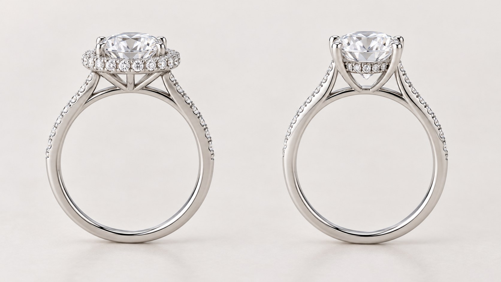 AI-generated illustration comparing a classic halo ring and a hidden halo ring in side profile