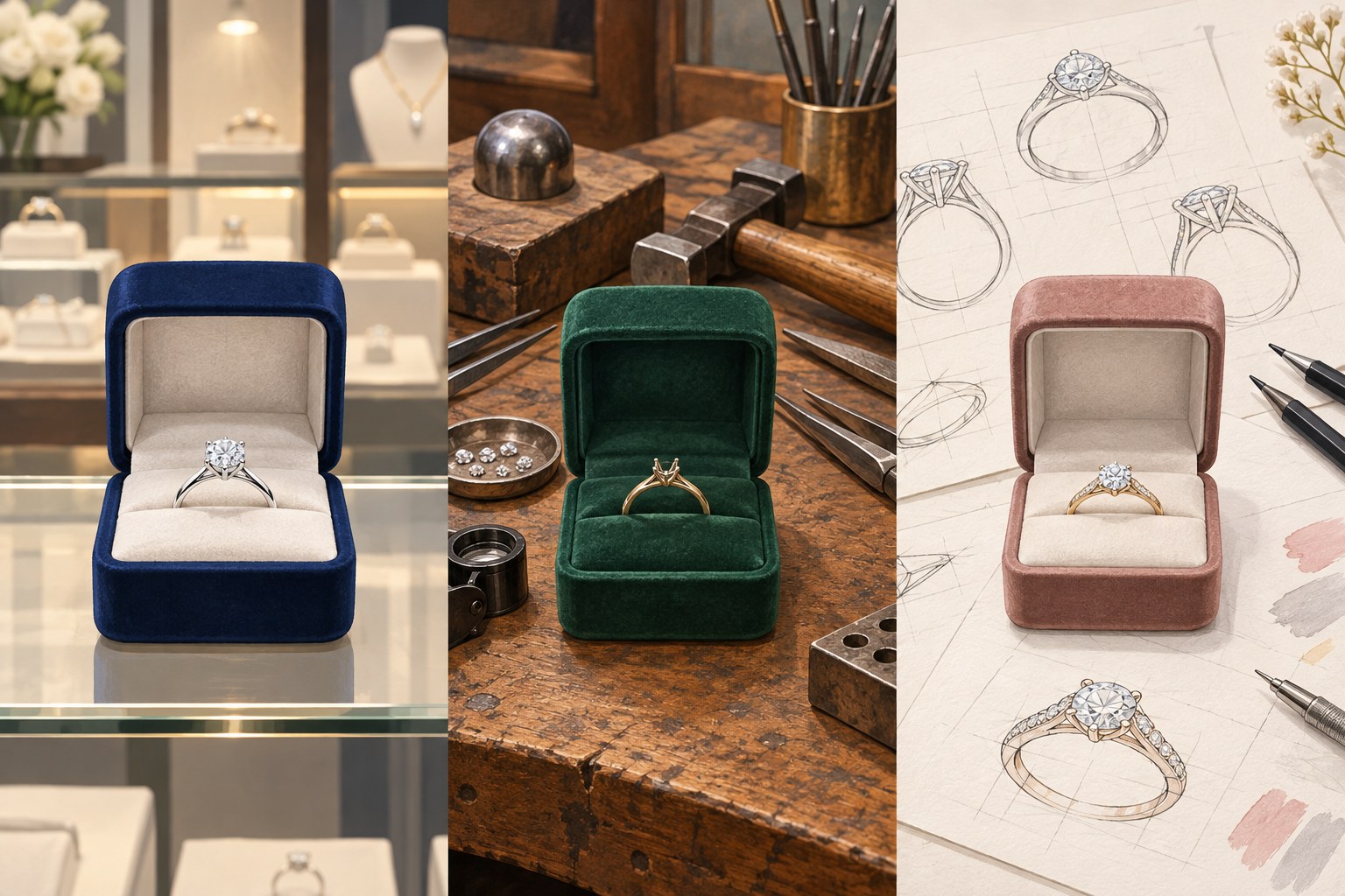 Illustration of ready, made-to-order and custom ring journeys (AI illustration, not a Shewah product)