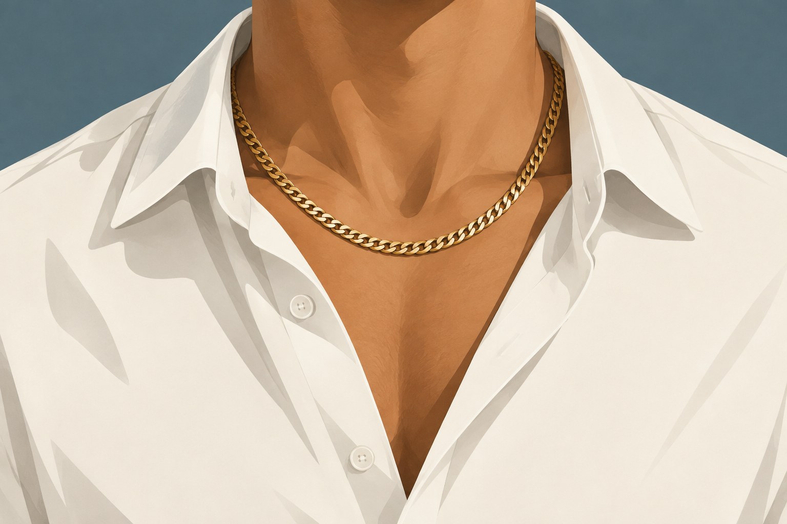 Illustration of a gold curb chain at a man's collarbone (AI illustration, not a Shewah product)