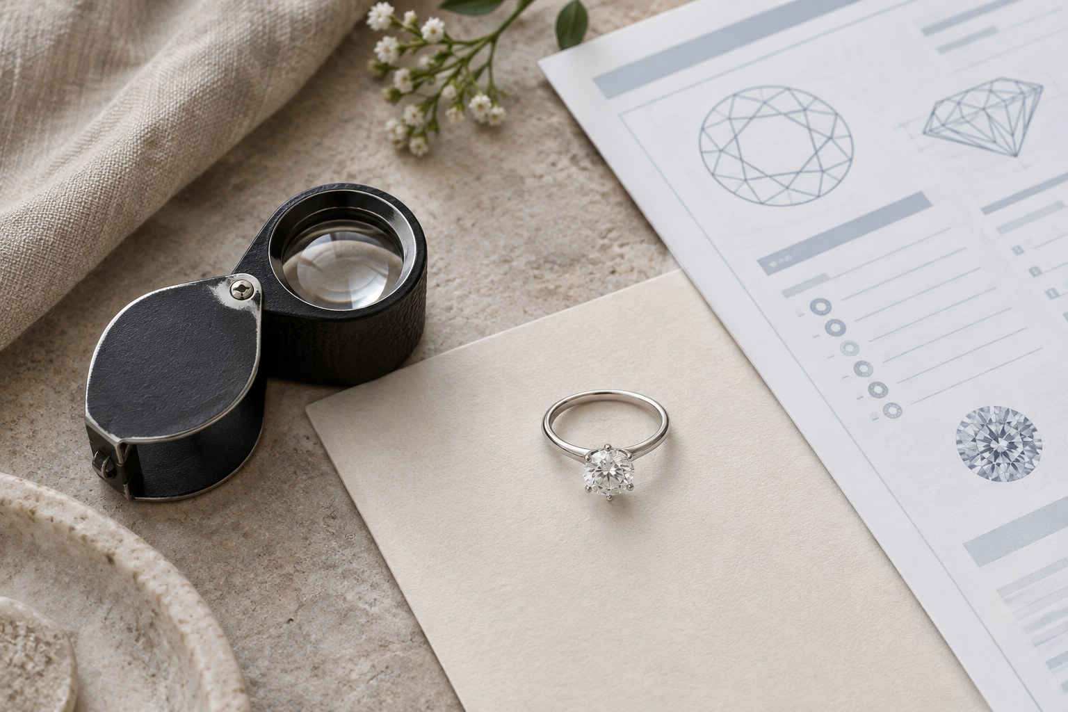 Illustration: ring shopping notes with a loupe and a grading report