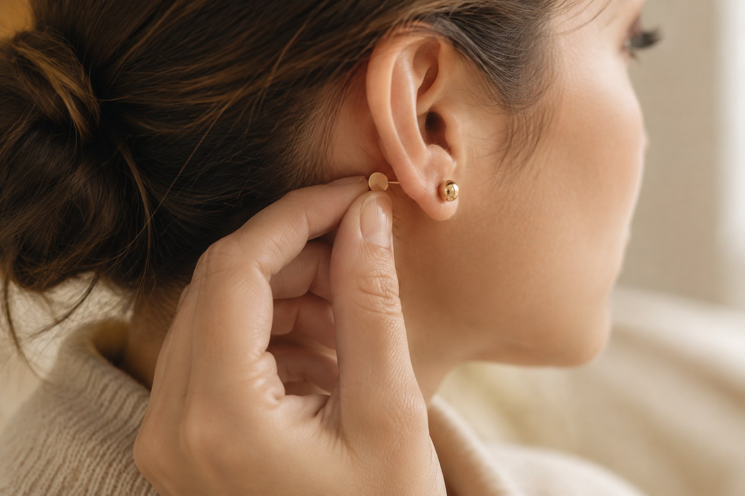 Illustration: a hand fastening a gold stud earring with a flat disc back