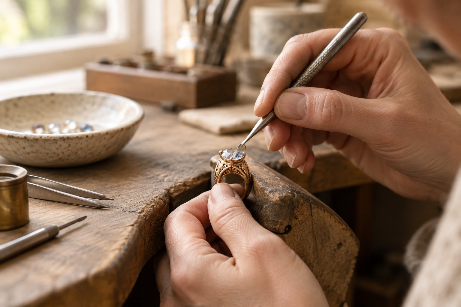 Illustration: a jeweller's hands carefully unsetting a stone from an old ring