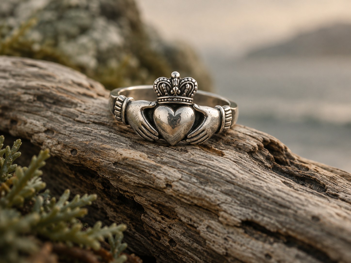 AI illustration of a silver Claddagh-style ring resting on weathered driftwood.