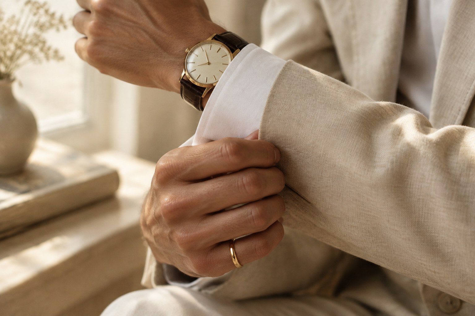 AI illustration of a slim gold pinky ring beside a classic watch