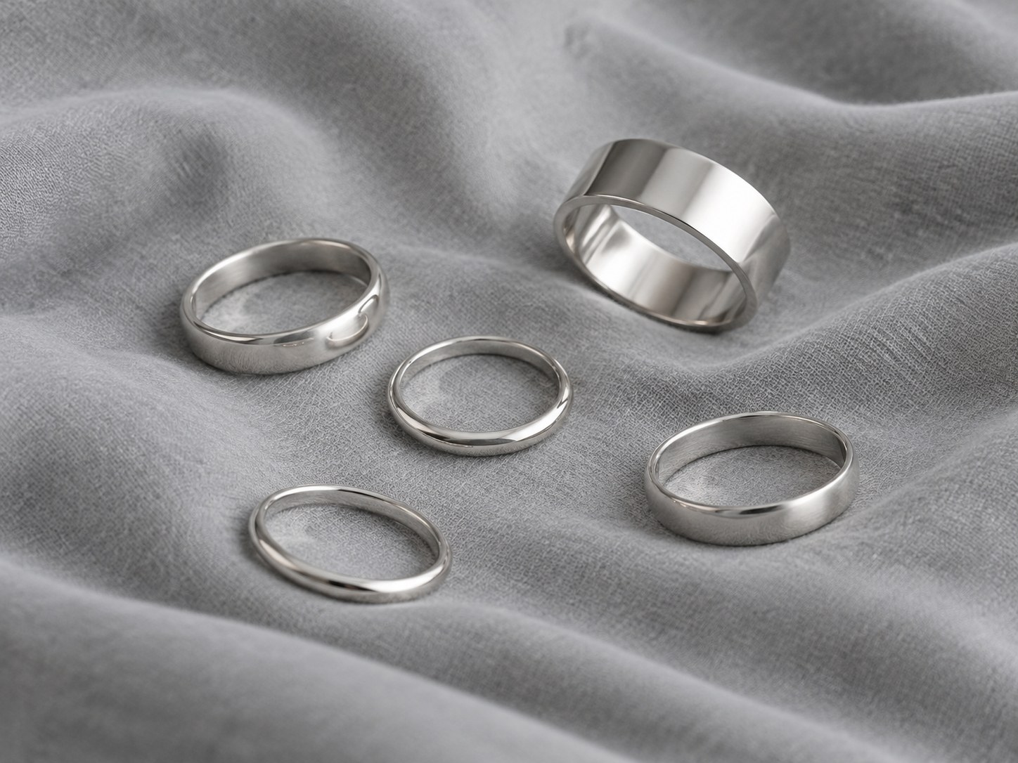 Several plain silver bands of different widths arranged on grey fabric, AI-generated illustration
