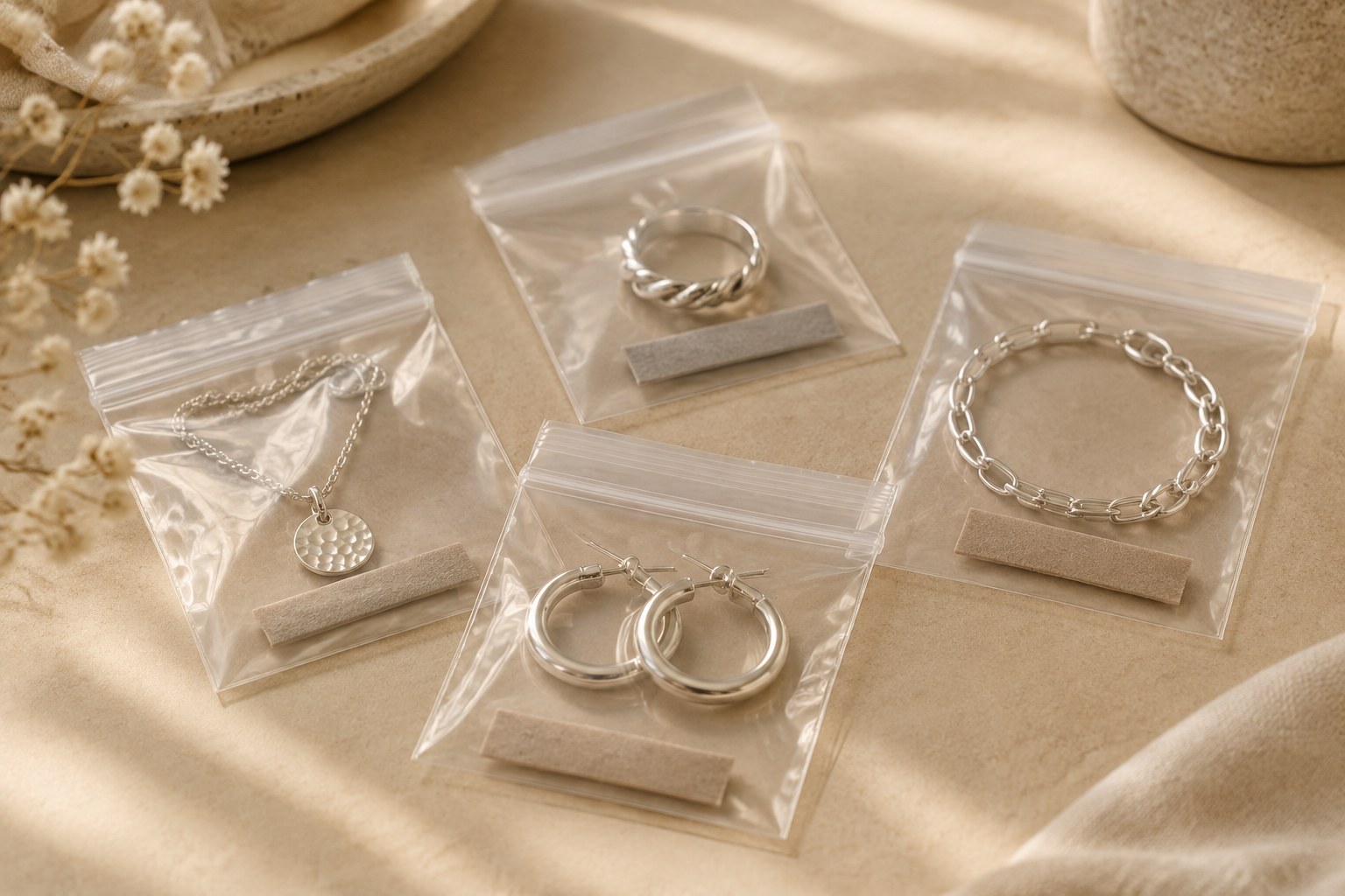 Illustration: silver pieces stored in airtight bags with anti-tarnish strips