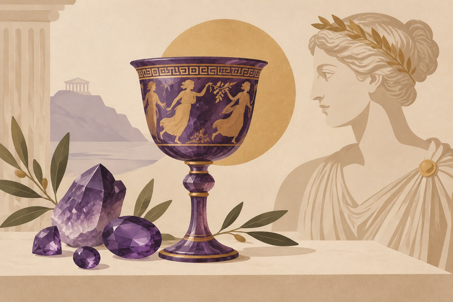 Illustration: a classical Greek goblet motif with amethysts