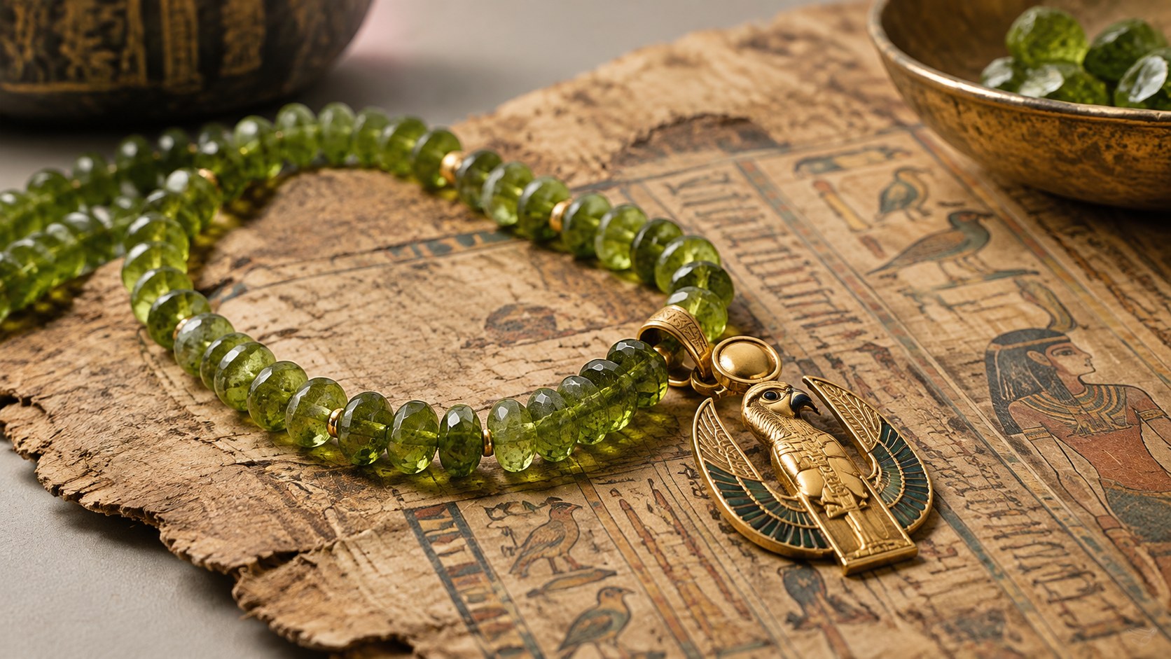 Peridot beads and a gold amulet on weathered papyrus