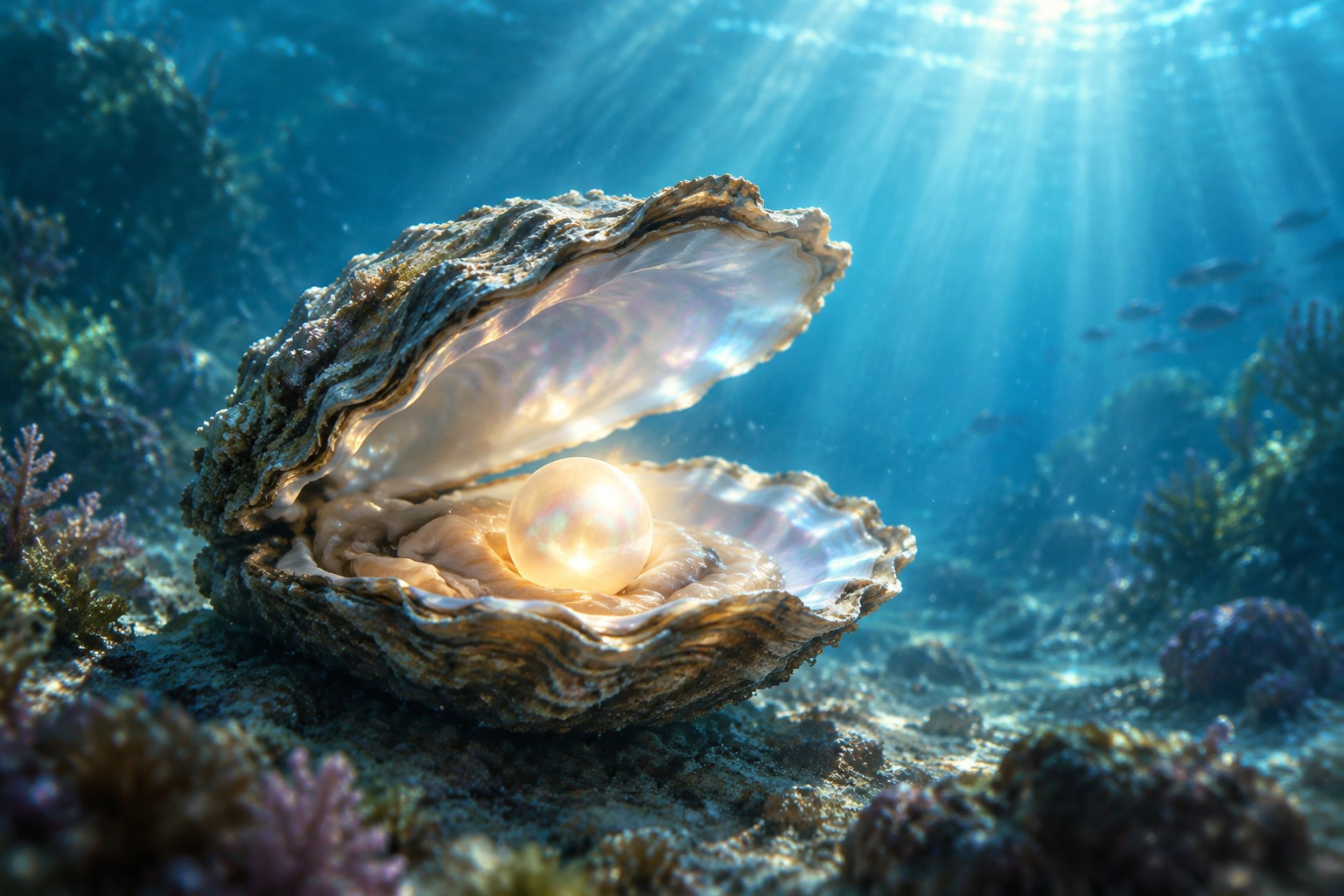Illustration of an oyster revealing a pearl underwater (AI illustration, not a Shewah product)