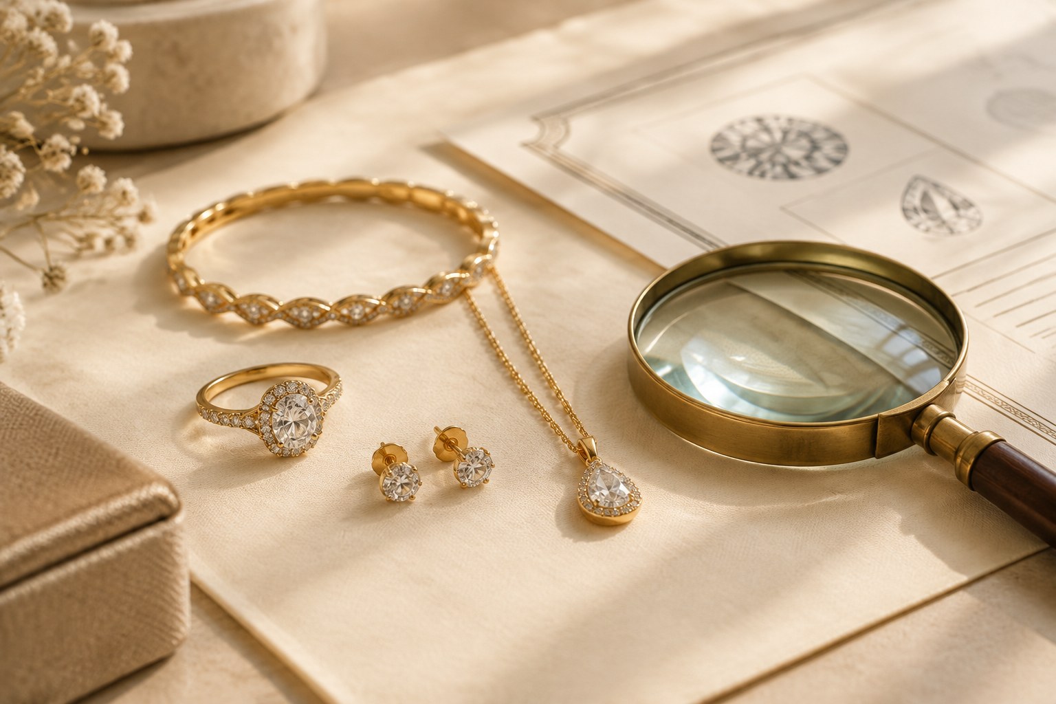 Illustration: gold pieces beside a magnifying glass and certification documents