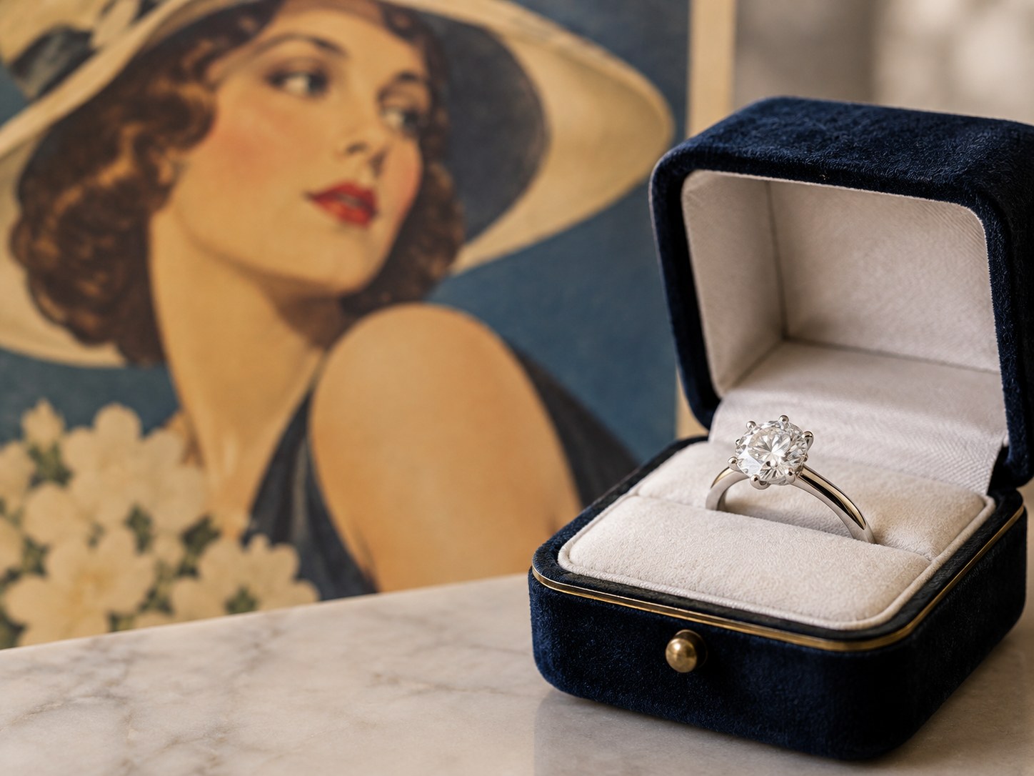 A modern diamond solitaire in an open box before a blurred vintage advertising backdrop, AI-generated illustration