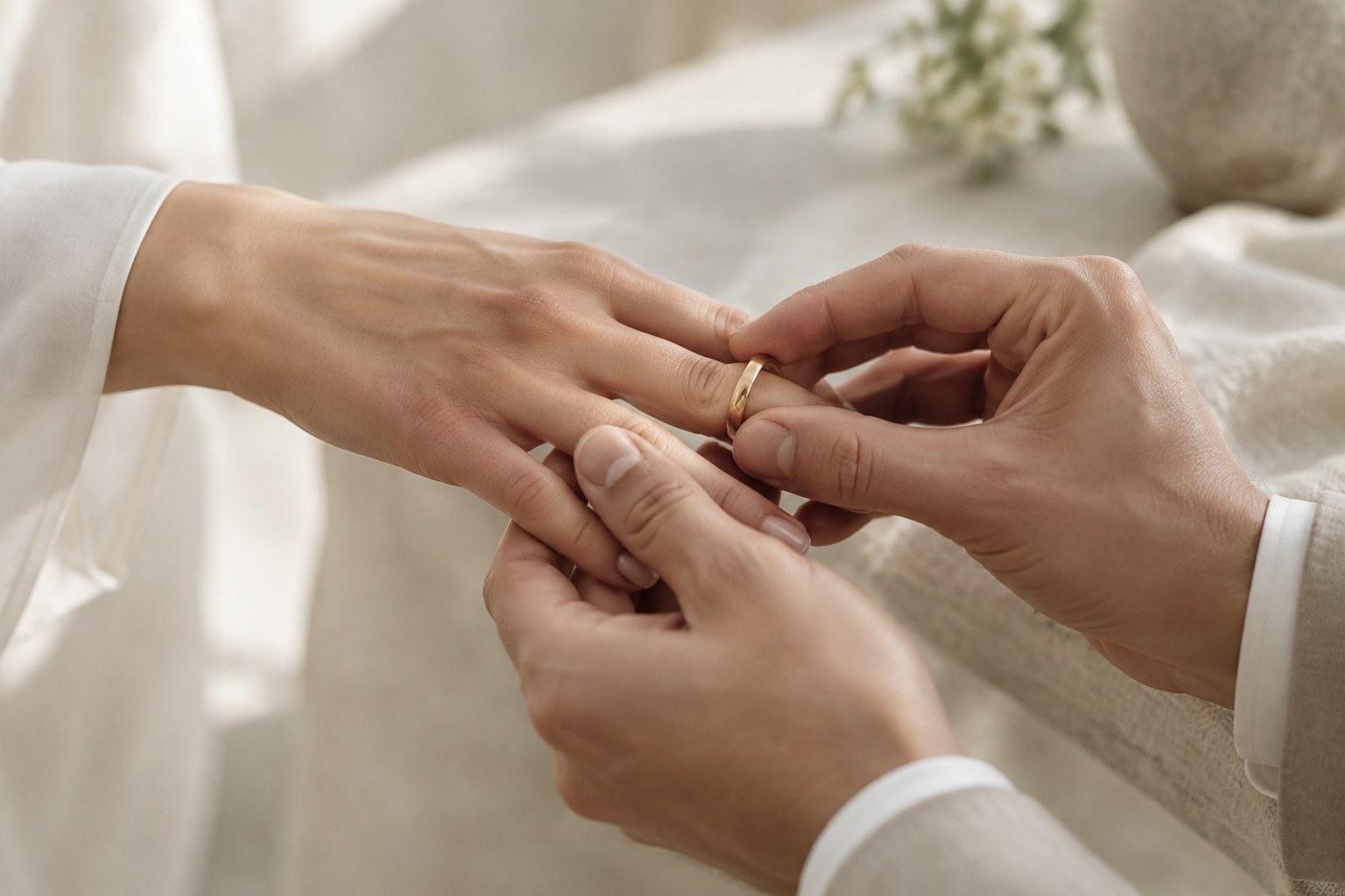 Illustration: two hands exchanging a wedding band during a ceremony