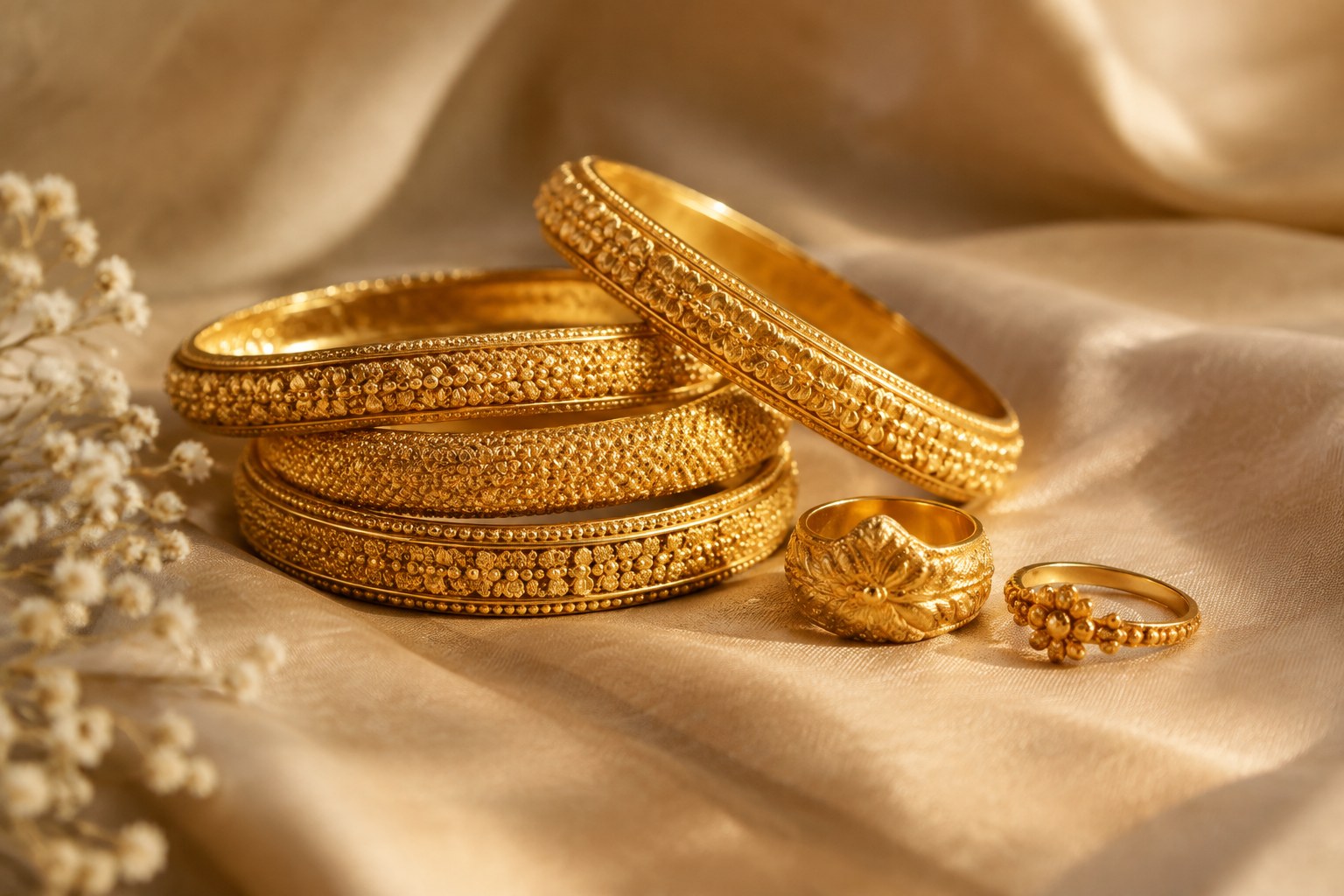 AI illustration of rich yellow gold bangles and rings stacked on warm silk.