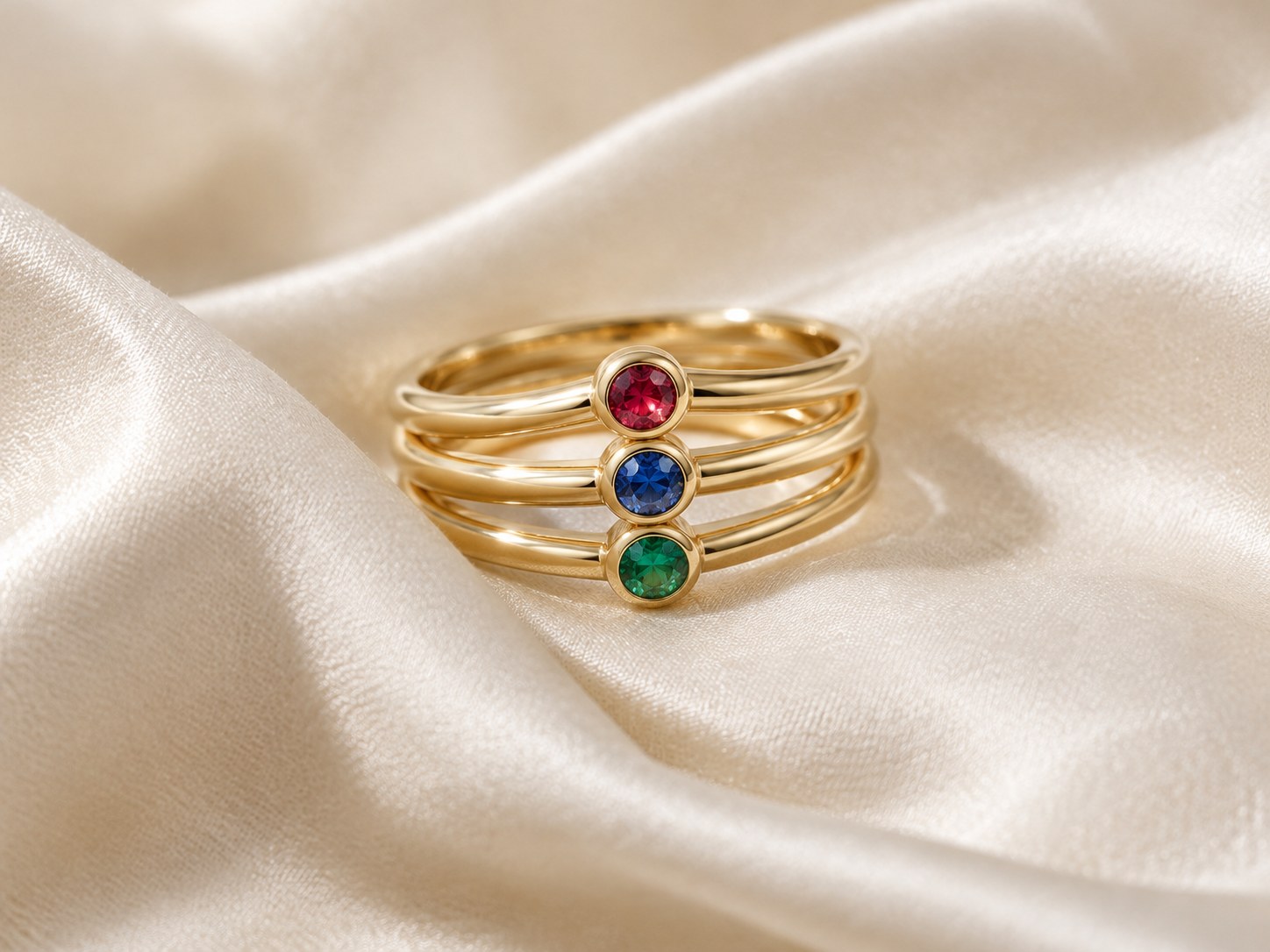 A family birthstone stack of three slim gold bands with different coloured gems on cream silk, AI-generated illustration