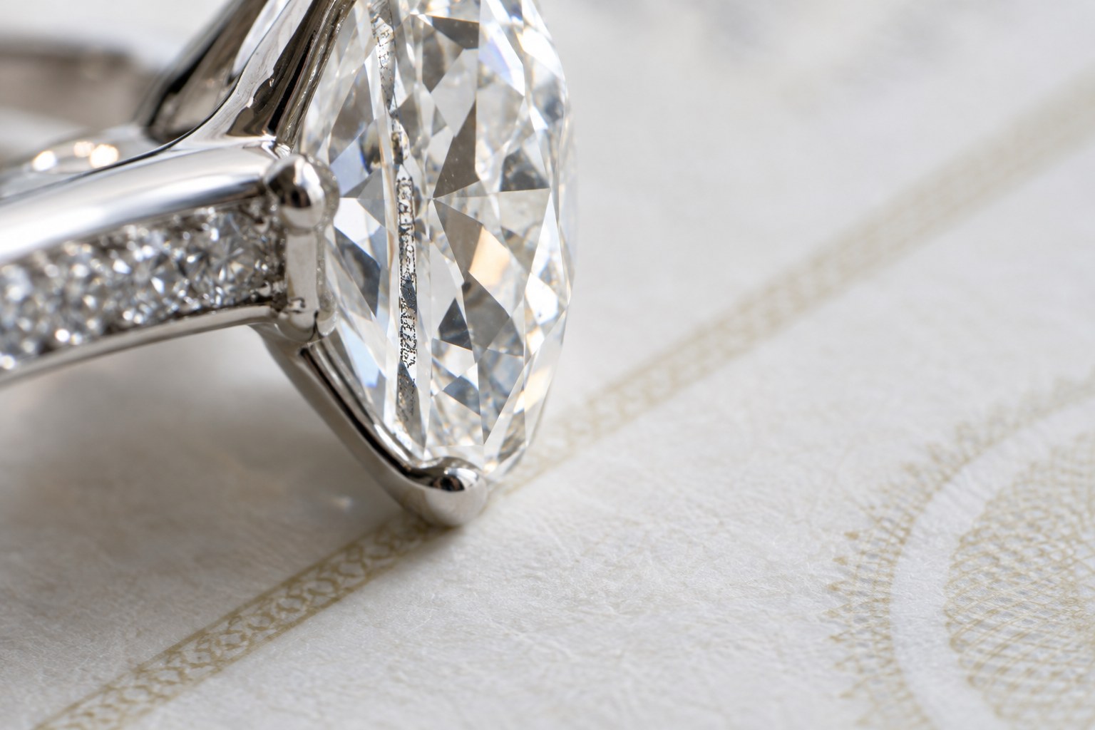 AI illustration of a close-up of a diamond ring beside a laser inscription on a document.