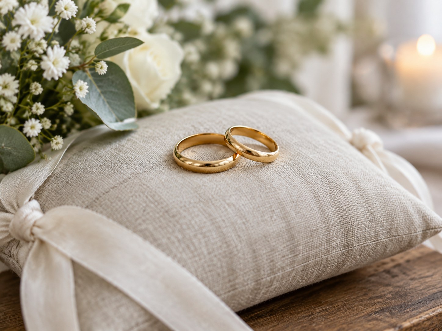 Two gold wedding bands resting on a linen ring cushion, AI-generated illustration
