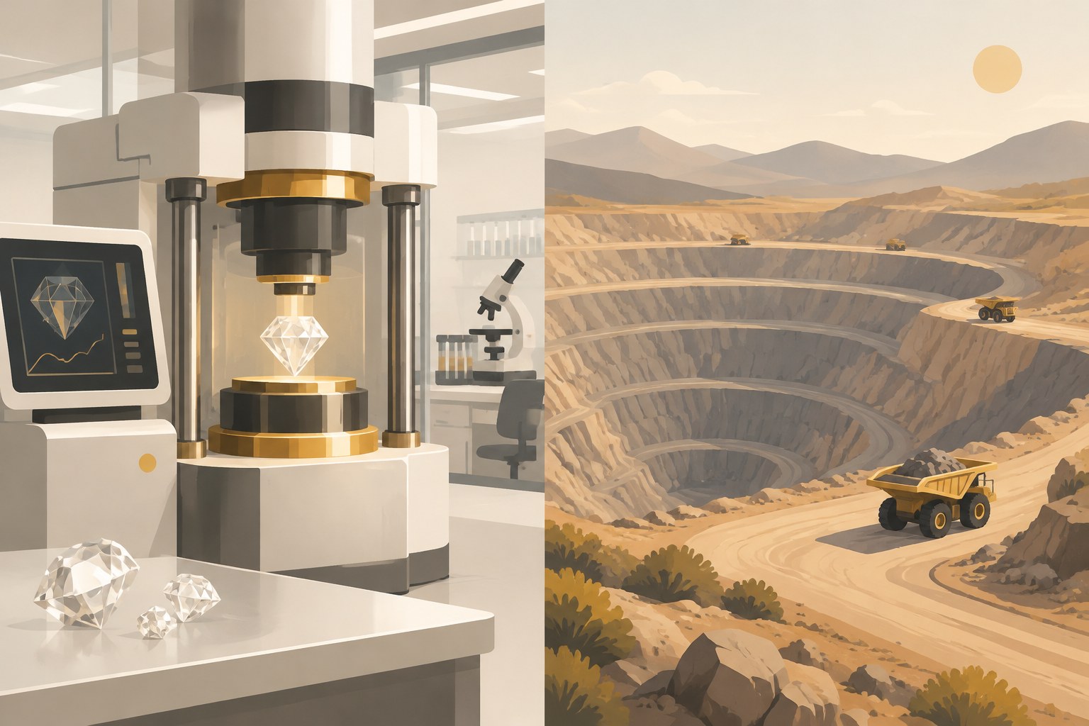 Illustration: a diamond-growing machine beside an open-pit mine