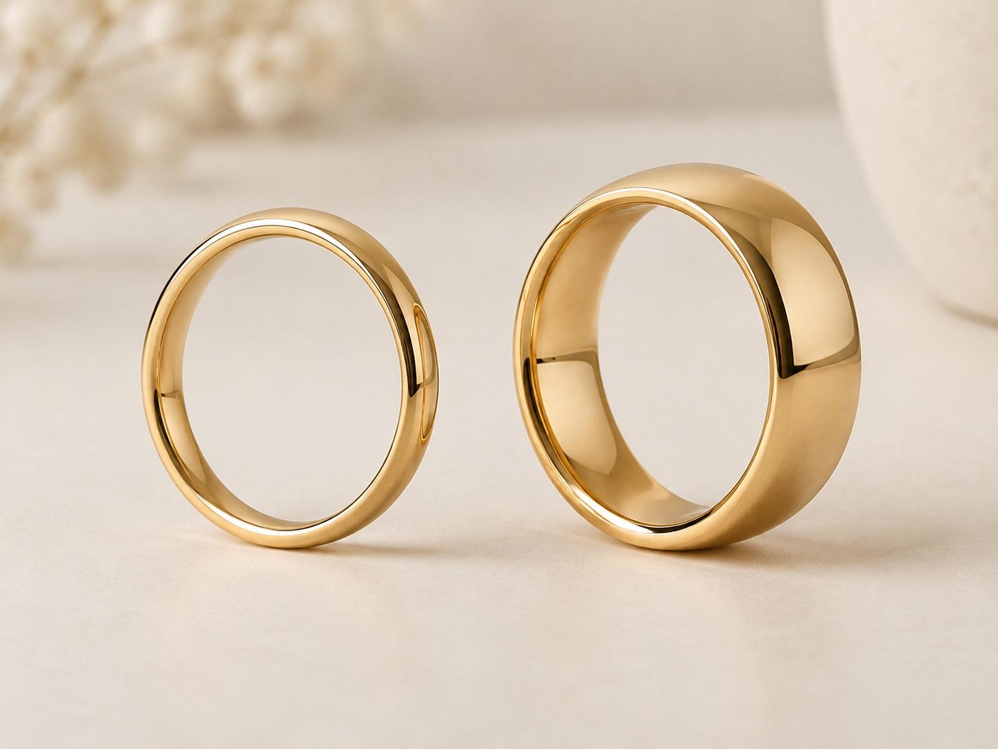 AI illustration comparing narrow and wider gold-coloured bands, not actual product dimensions.