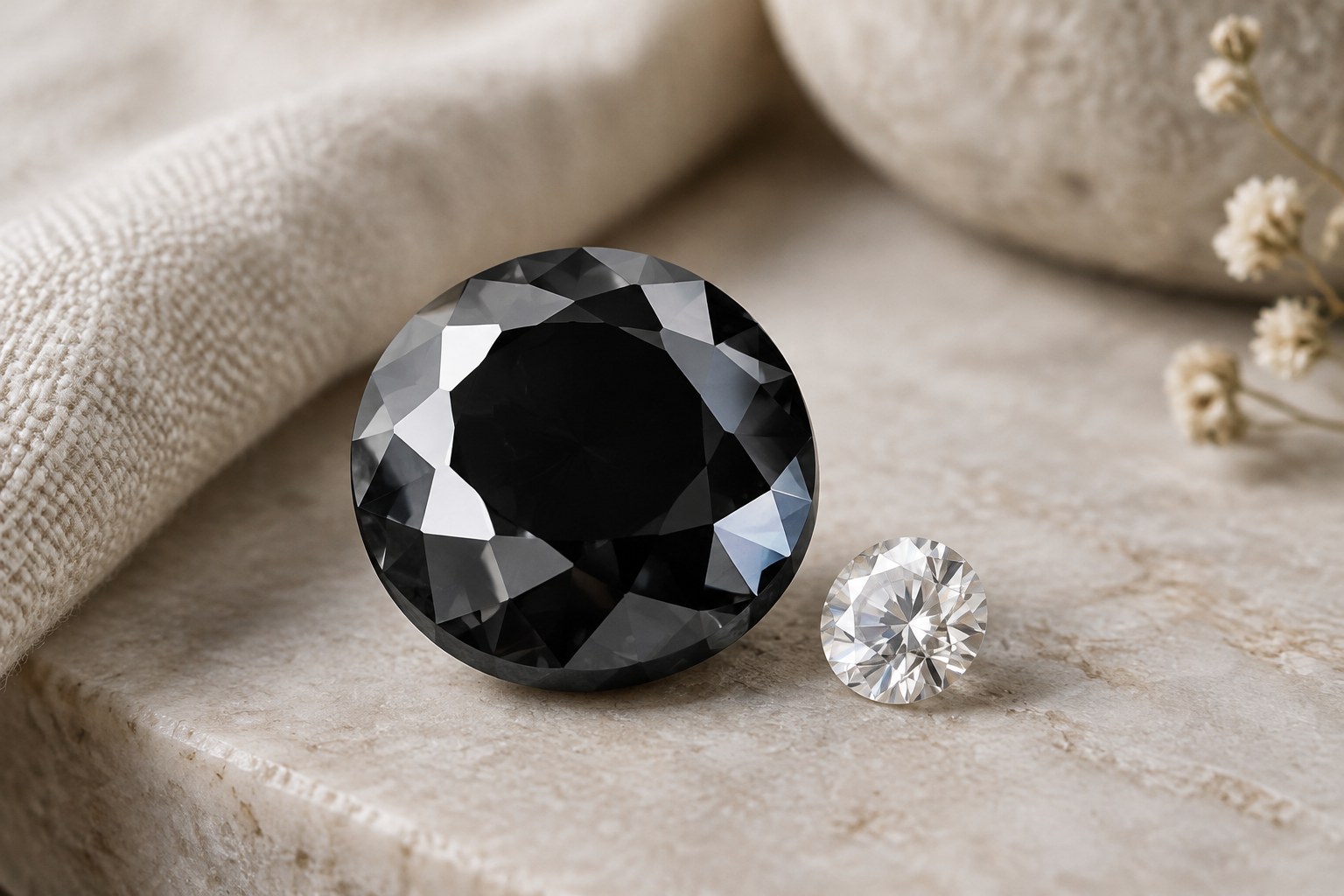 Illustration: macro of a black diamond with glossy lustre beside a white diamond