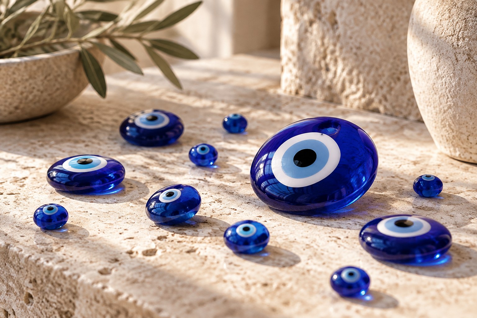 Scattered blue glass evil eye beads on a stone surface